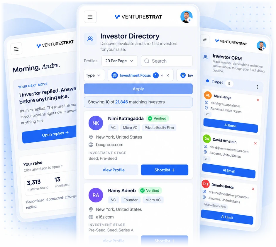 VentureStrat Investor Directory, fundraising dashboard and investor CRM